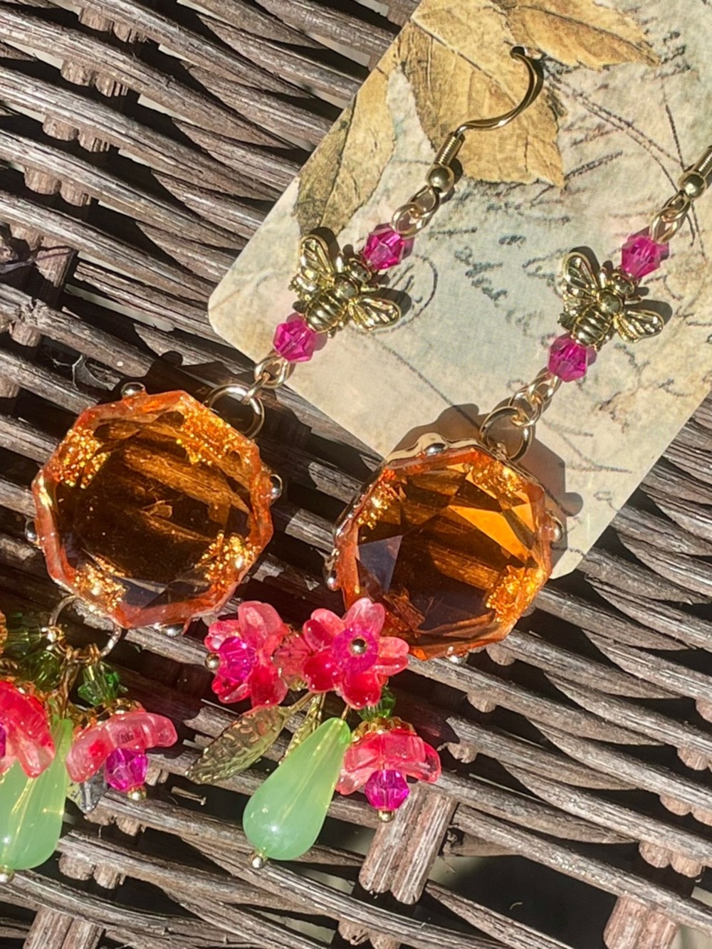 Gold Bee Drop Earrings with Orange Crystal and Pink-Green Accents - Picture 5 of 11